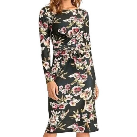 Rachel Roy Women's Black Stella Floral Print Belted Cocktail Midi Dress Size 2X - Picture 1 of 10